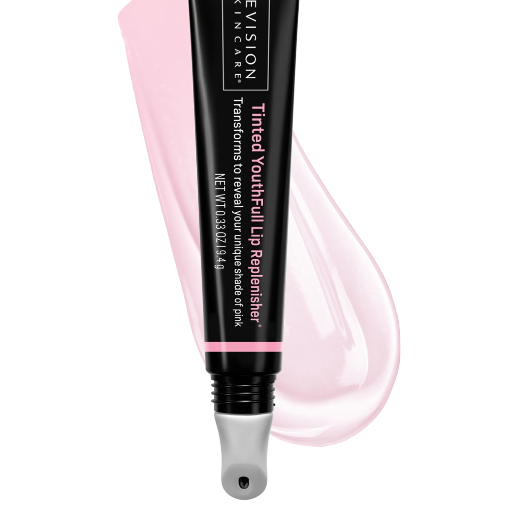 Revison Skincare Tinted Youthful Lip Replenisher tube with pink lip balm on a white background