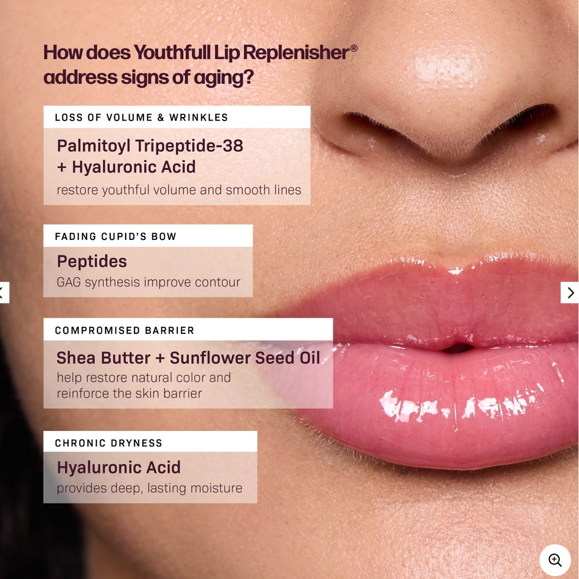 Lip area with text detailing Youthfull Lip Replenisher's ingredients and benefits